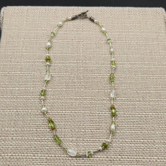 16 Inch Sterling Silver Pearls Peridot Quarts Stone Necklace B881 - Picture 2 of 6